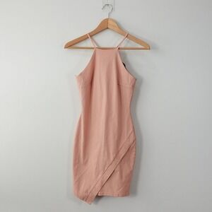 Cocktail Halter Dress S Baby Pink Asymmetric Sheath Stretch USA THE VINTAGE SHOP